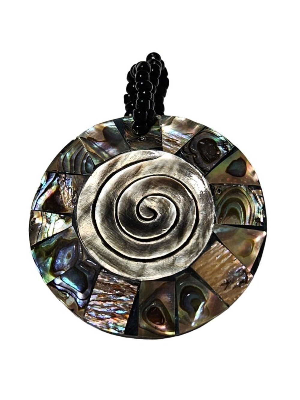 Handmade Abalone Shell Pendant Silver Spiral Black Seed Beaded Loop Jewelry